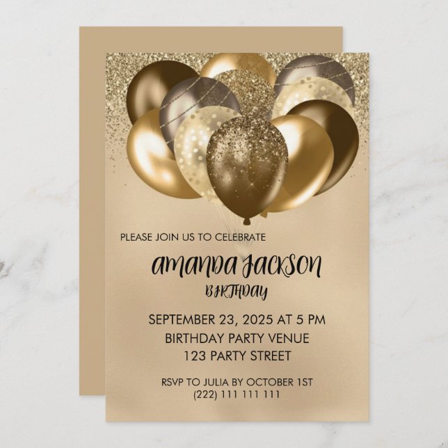 Convite Luxurious Gold Balloons General Birthday Invite (Frente/Verso)