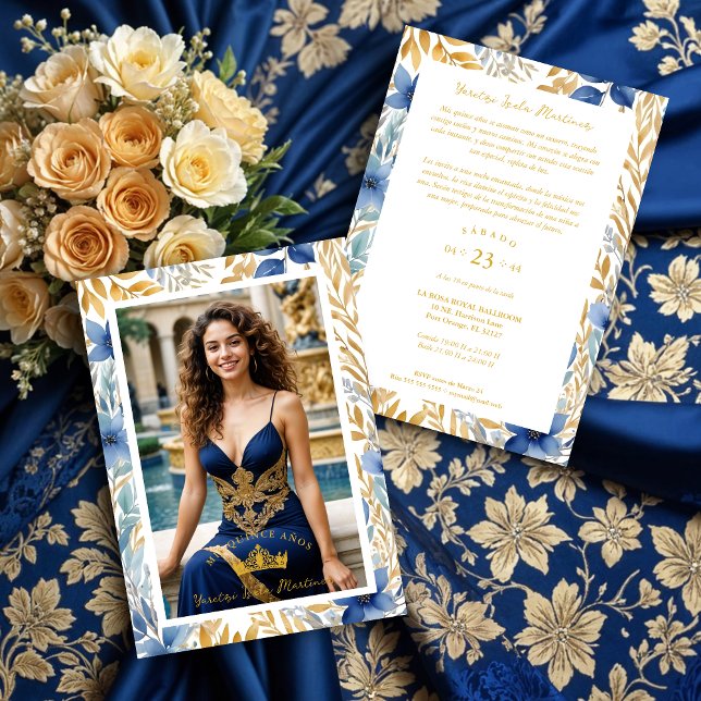 Convite Luxurious Navy Blue & Gold Exquisite Tiara XV's (Luxurious Navy Blue & Gold Exquisite Tiara Crown Quinceañera Photo Invitations Cards with Botanical )