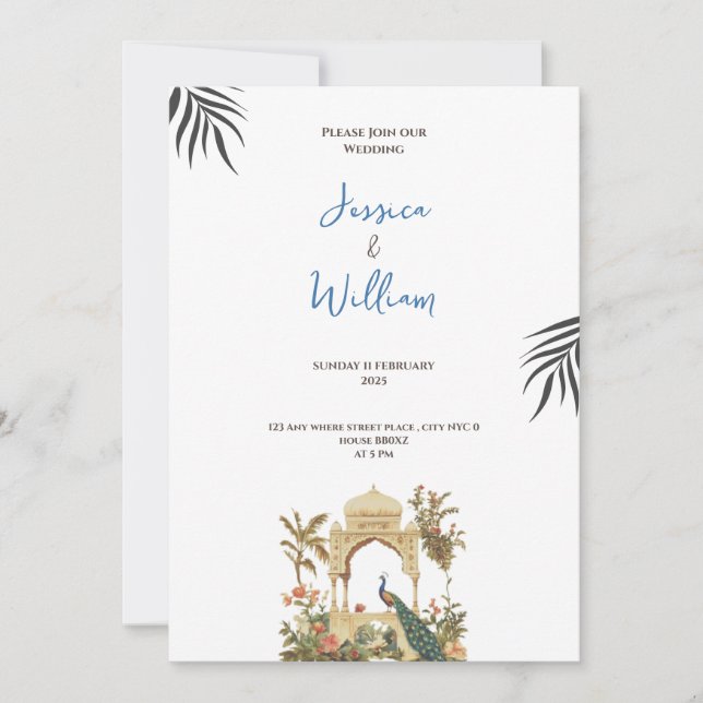 Convite luxurious peacock palace wedding invitation (Frente)