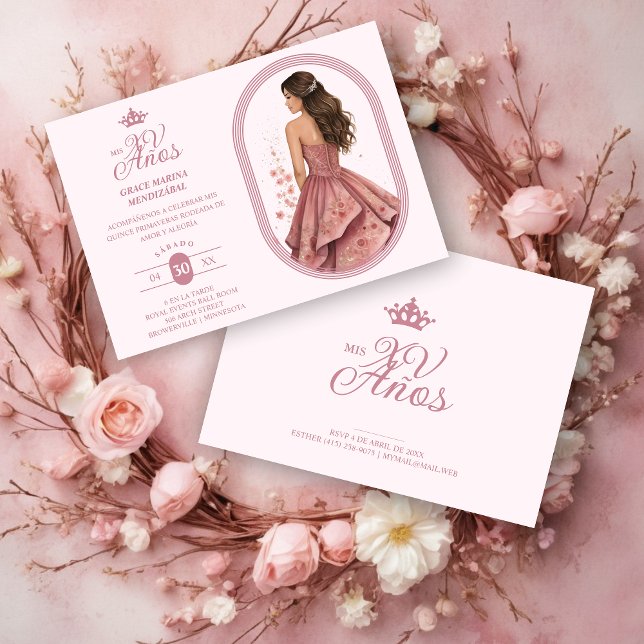 Convite Luxurious Pink Oval Frame Charming Quinceañera (Spanish Luxurious Pink Oval Frame Charming Quinceañera Doll Illustration in Pink Shades Invitation.)