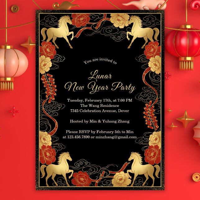 Convite Luxurious Year of the Horse 2026 Lunar New Year (Black and Gold Chinoiserie Lunar New Year 2026 Party Invitation)