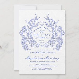 Convite LUXURY 50º Aniversário Vintage Blue Floral Crest