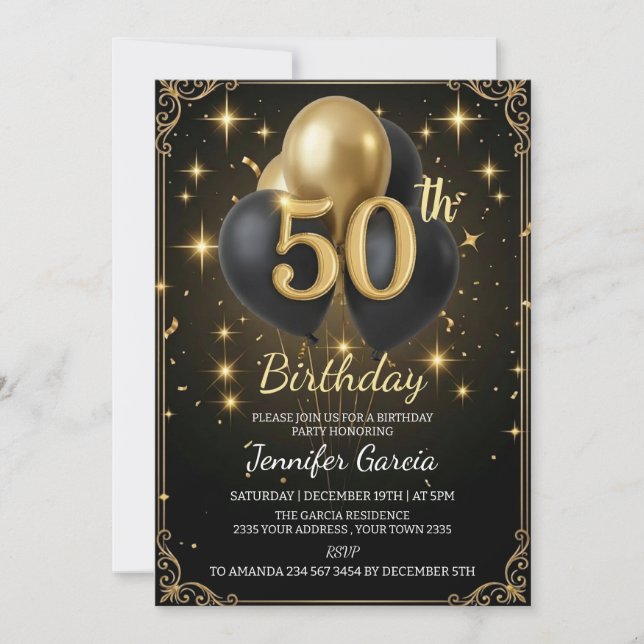 Convite Luxury 50th Birthday Black Gold Balloon Glitter (Frente)