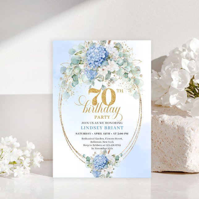 Convite Luxury 70th Birthday Blue Floral Watercolor Invite (Luxury 70th Birthday Blue Floral Watercolor Invitation)