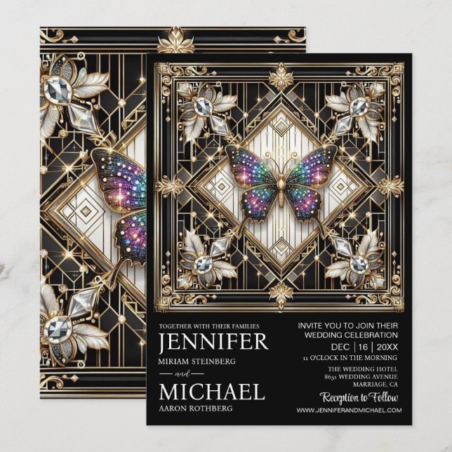 Convite Luxury Art Deco Rainbow Butterfly Wedding  (Frente/Verso)
