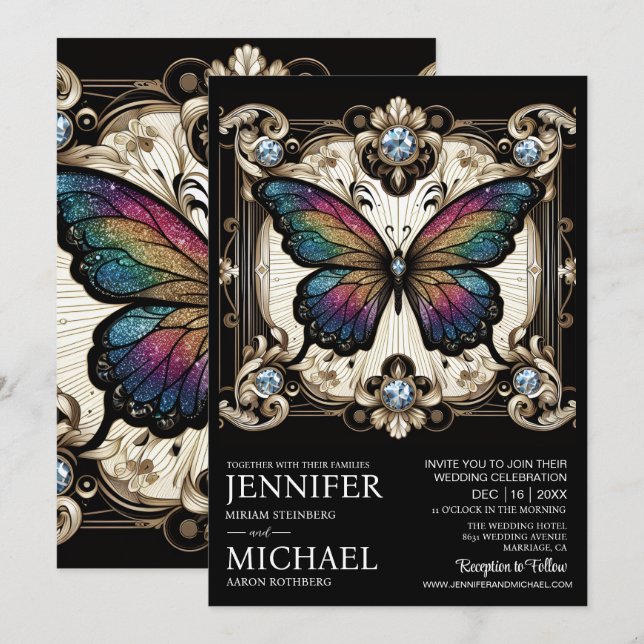 Convite Luxury Art Deco Rainbow Butterfly Wedding  (Frente/Verso)
