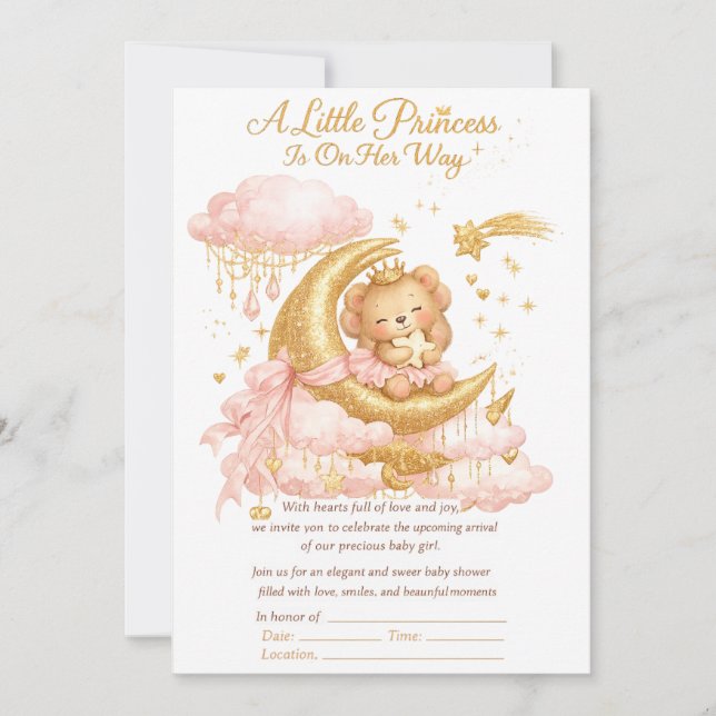Convite Luxury Baby Girl Shower Invitation Pink Gold Moon  (Frente)