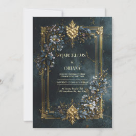 Convite Luxury Baroque Gold Frame Dark Teal Floral Wedding