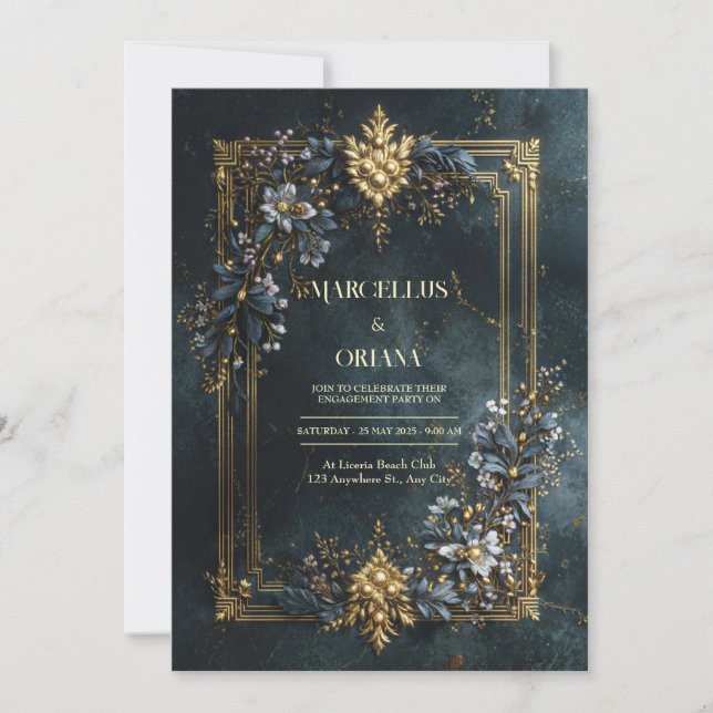 Convite Luxury Baroque Gold Frame Dark Teal Floral Wedding (Frente)