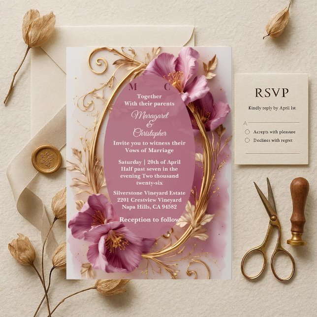 Convite Luxury Baroque Opulent Mulberry Tulip Gold Wedding (Luxury Baroque Opulent Mulberry Tulip Gold Wedding Invitation)