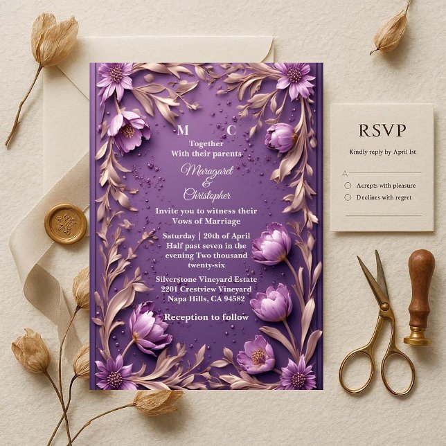 Convite Luxury Baroque Opulent Purple Tulips Gold Wedding  (Luxury Baroque Opulent Purple Tulips Gold Wedding Invitation)