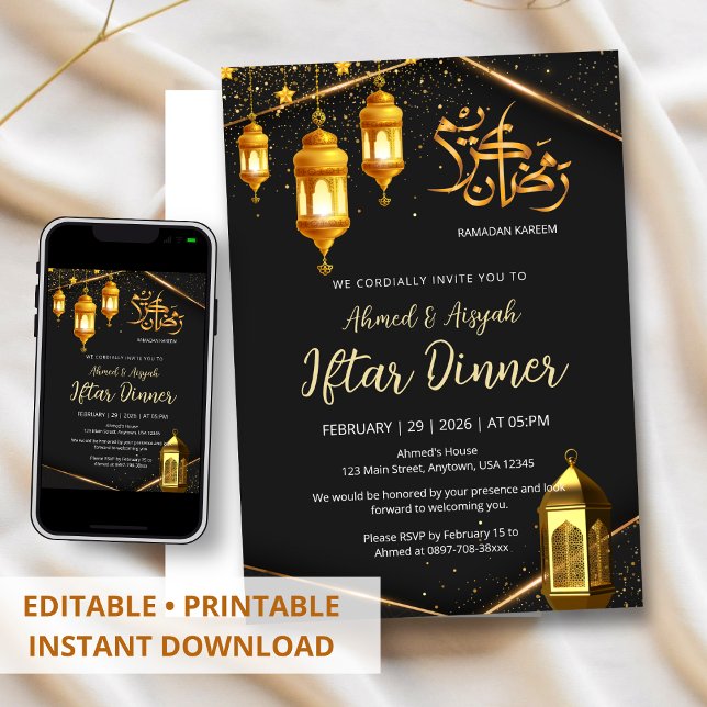 Convite Luxury Black and Gold Lantern Iftar Dinner (Criador carregado)
