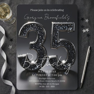 Convite Luxury Black Glitter Silver Sparkle 35th Birthday