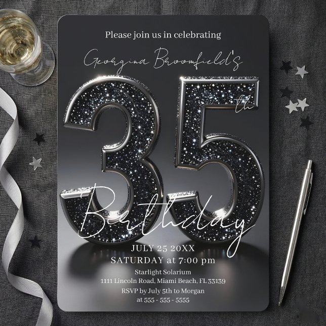 Convite Luxury Black Glitter Silver Sparkle 35th Birthday (Criador carregado)
