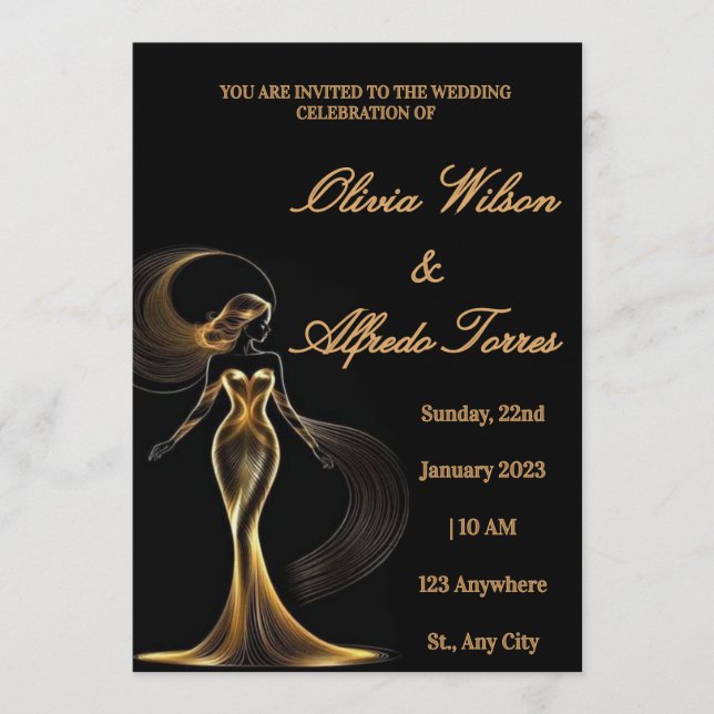Convite Luxury Black & Gold Elegant Wedding Invitation (Frente)