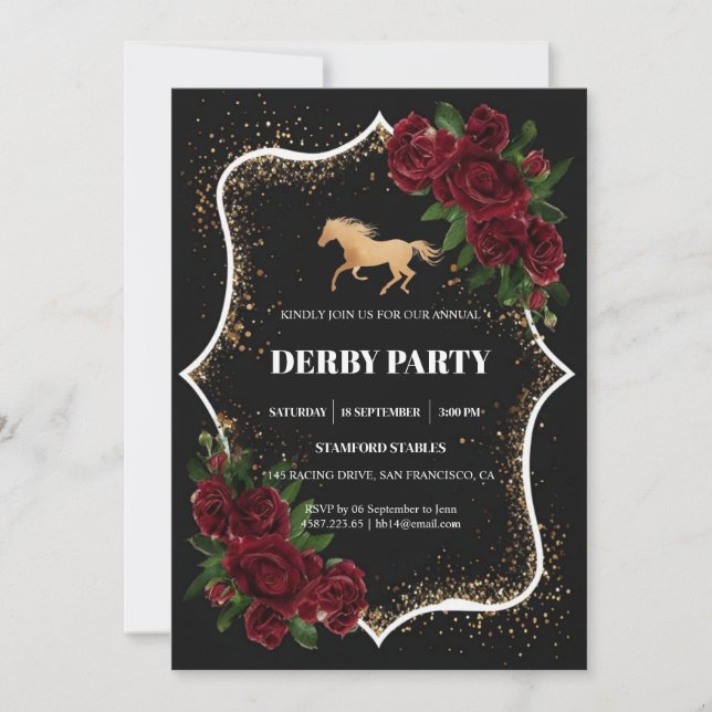 Convite Luxury Black & Gold Glitter Kentucky Derby Invitat (Frente)
