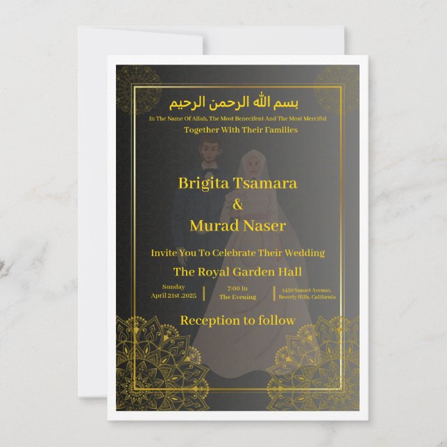 Convite Luxury Black & Gold Muslim Wedding Invite (Frente)