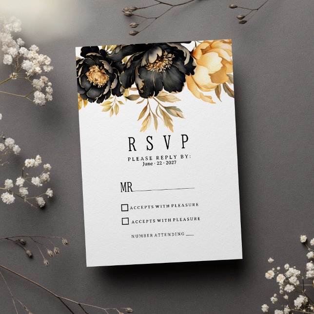Convite Luxury black ivory gold peony floral RSVP (Luxury black ivory gold peony floral RSVP )