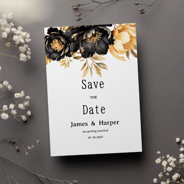 Convite Luxury black ivory gold peony floral Save the Date (Luxury black ivory gold peony floral Save the Date)