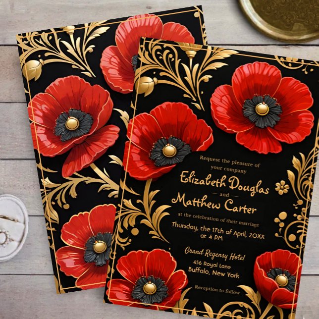 Convite Luxury Black Red and Gold Floral Wedding  (Criador carregado)