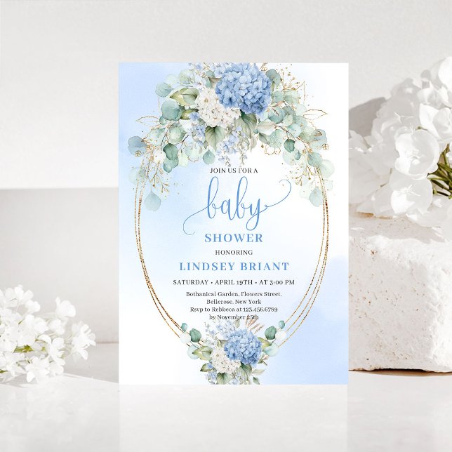 Convite Luxury Blue Hydrangea Baby Shower Gold Invitation (Luxury Blue Hydrangea Baby Shower Gold Invitation)