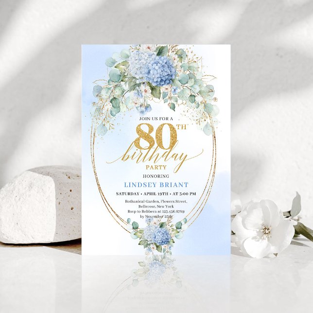 Convite Luxury Blue Hydrangea Floral 80th Birthday Invite (Luxury Blue Hydrangea Floral 80th Birthday Invitation)
