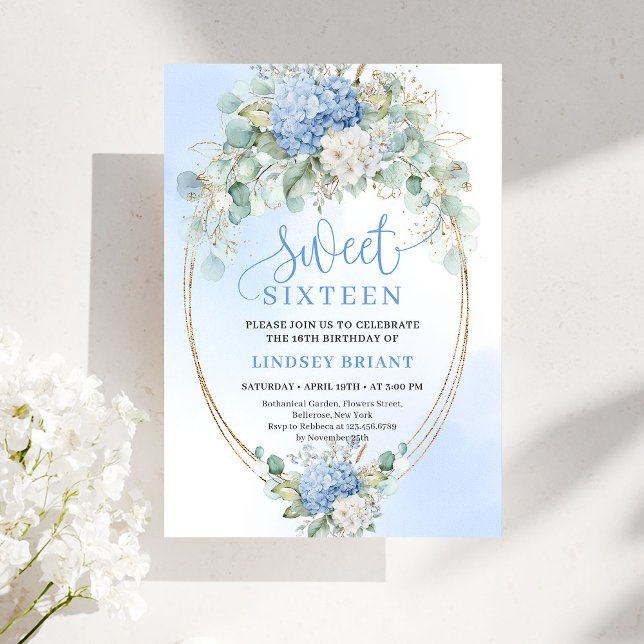 Convite Luxury Blue Hydrangeas Sweet Sixteen Party Invite (Luxury Blue Hydrangeas Sweet Sixteen Party Invite)