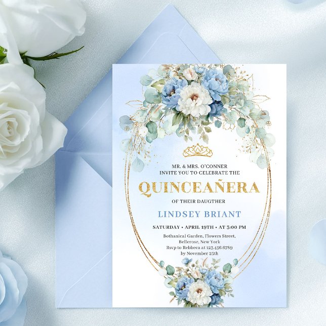 Convite Luxury Blue Peonies Gold Quinceañera 15th Birthday (Luxury Blue Peonies Quinceañera 15th Birthday Invitation)