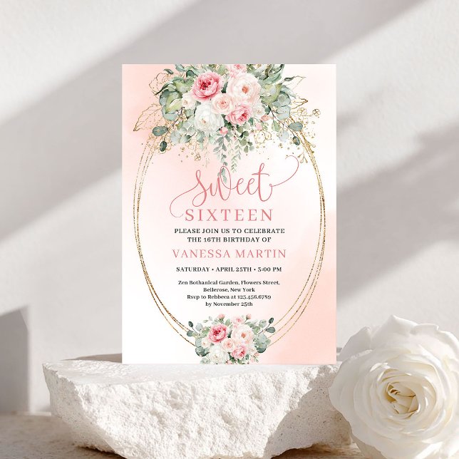 Convite Luxury Blush Floral Gold Sweet 16 Birthday Invite (Luxury Blush Floral Gold Sweet 16 Birthday Invite)