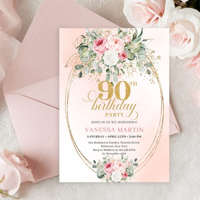 Convite Luxury Blush Rose Gold Boho 90th Birthday Invite (Delicate Blush Floral Greenery Elegant 90th Birthday Invite)