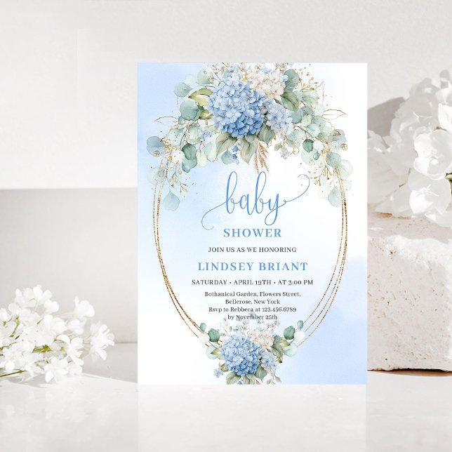 Convite Luxury Bohemian Blue Hydrangea Baby Shower Invite (Luxury Bohemian Blue Hydrangea Baby Shower Invitation)