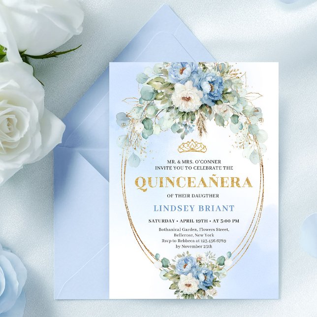 Convite Luxury Boho Blue Floral Quinceañera 15th Birthday (Luxury Blue Floral Quinceañera 15th Birthday Invitation)