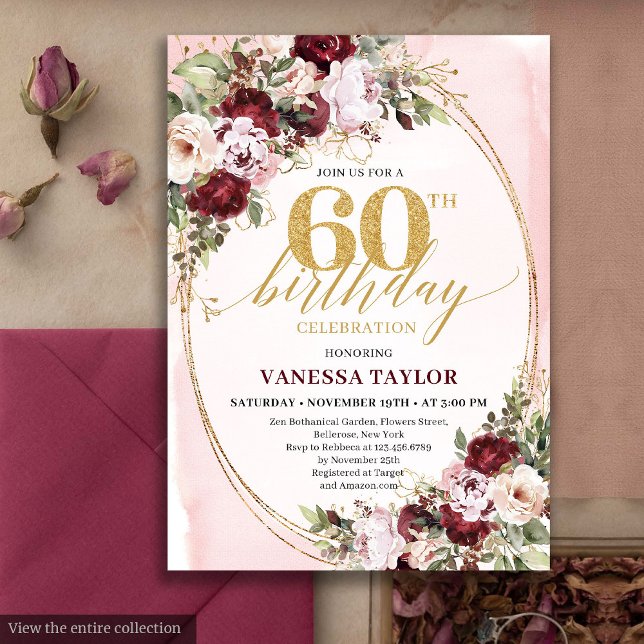 Convite Luxury Boho Burgundy Gold Floral 60th Birthday  (Luxury Boho Burgundy Gold Floral 60th Birthday)