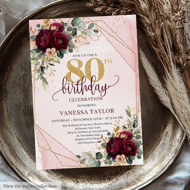 Convite Luxury Boho Dark Red Dourado Rosa Aniversário (Luxury Boho Dark Red Gold Roses 80th Birthday Invitation)