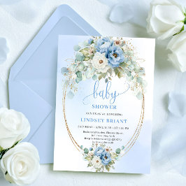 Convite Luxury Boho Dusty Blue Greenery Gold Baby Shower