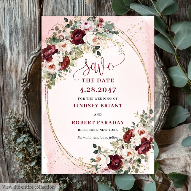 Convite Luxury Boho Maroon Blush Gold Roses Save Date (Luxury Boho Maroon Blush Gold Roses Save Date)