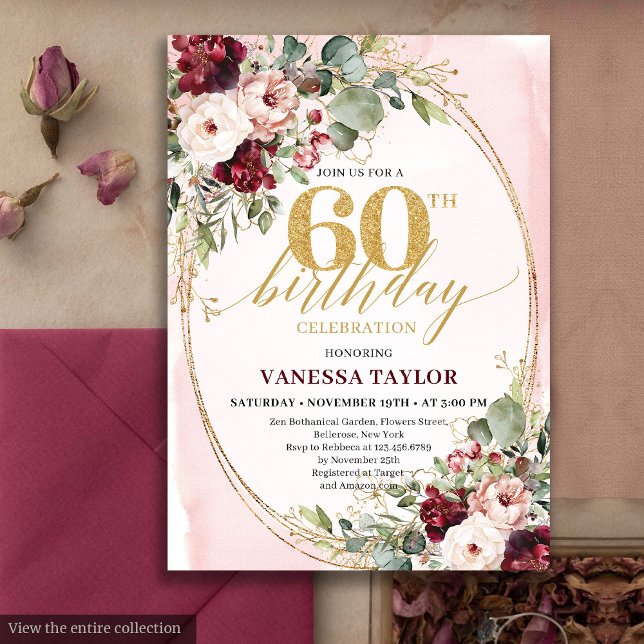 Convite Luxury Boho Maroon Gold Floral 60th Birthday Card (Luxury Boho Maroon Gold Floral 60th Birthday)