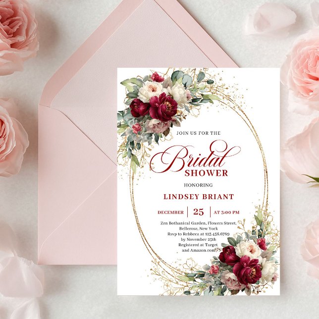 Convite Luxury Burgundy and White Floral Bridal Shower  (Luxury Burgundy and White Floral Bridal Shower Invite)