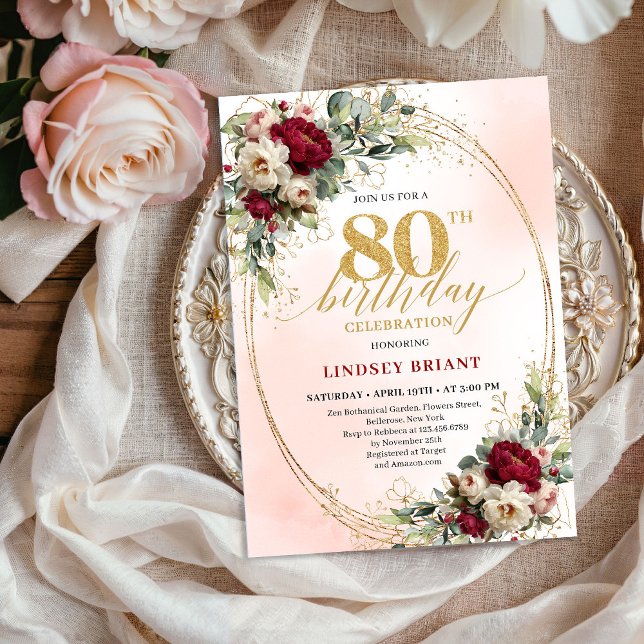 Convite Luxury Burgundy Bohemian Floral 80th Birthday  (Luxury Burgundy Bohemian Floral 80th Birthday Invite)