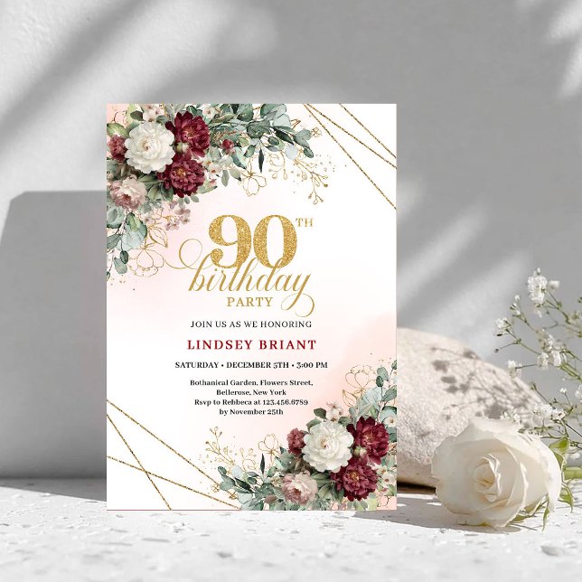 Convite Luxury Burgundy Boho Floral Greenery 90th Birthday (Luxury Burgundy Floral Greenery 90th Birthday Invite)