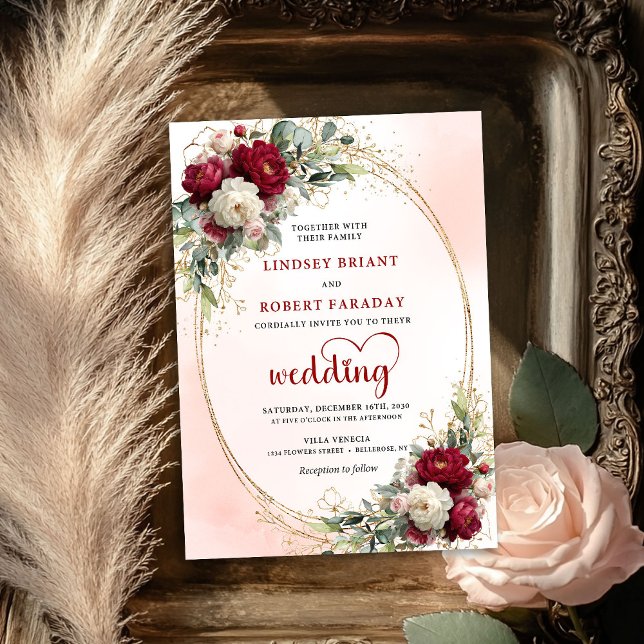 Convite Luxury Burgundy Boho Floral Wedding Gold Invitatio (Luxury Burgundy Boho Floral Wedding Gold Invitation)