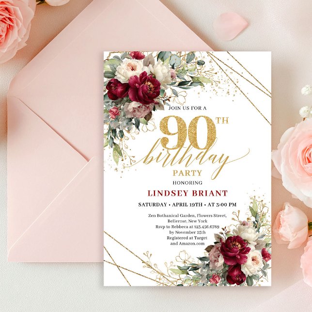 Convite Luxury Burgundy Floral Gold 90th Birthday Invite (Luxury Burgundy Floral Gold 90th Birthday Invitation)