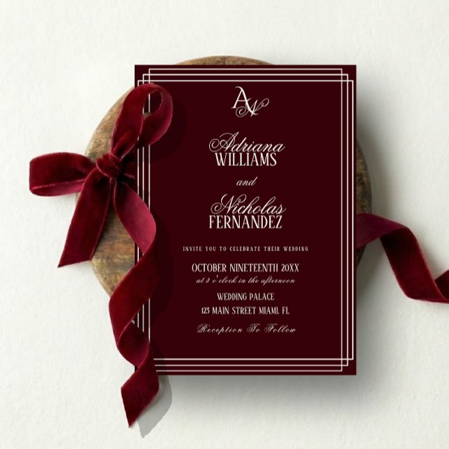 Convite Luxury Burgundy Monogram Wedding (Criador carregado)