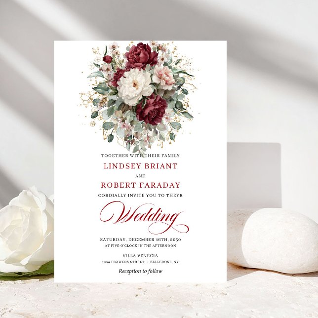 Convite Luxury Burgundy White Floral Eucalyptus Wedding  (Luxury Burgundy White Floral Eucalyptus Wedding Invitation)