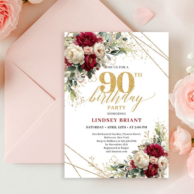 Convite Luxury Burgundy White Roses Gold 90th Birthday  (Luxury Burgundy White Roses Gold 90th Birthday Invite)