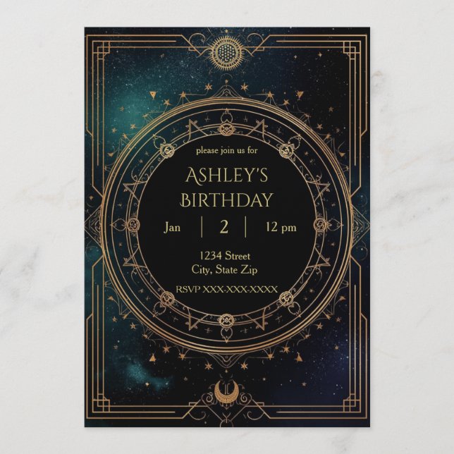 Convite Luxury Celestial Birthday Invitation – Midnight (Frente)