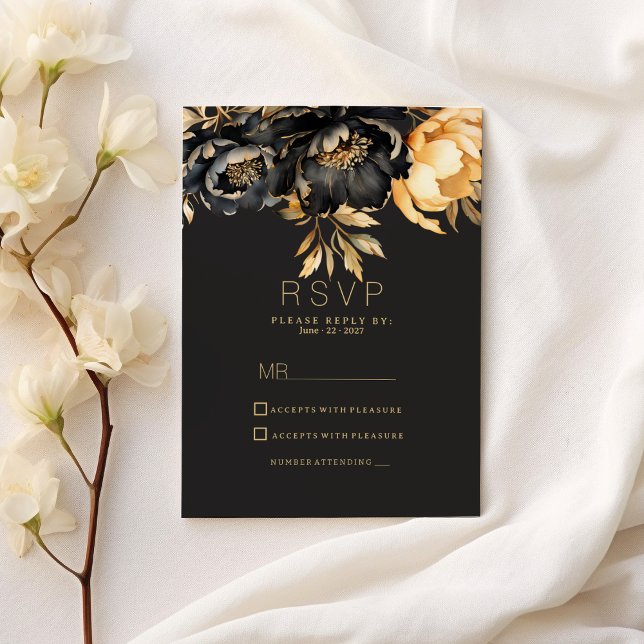 Convite Luxury classy black gold peony floral RSVP (Luxury classy black gold peony floral RSVP )