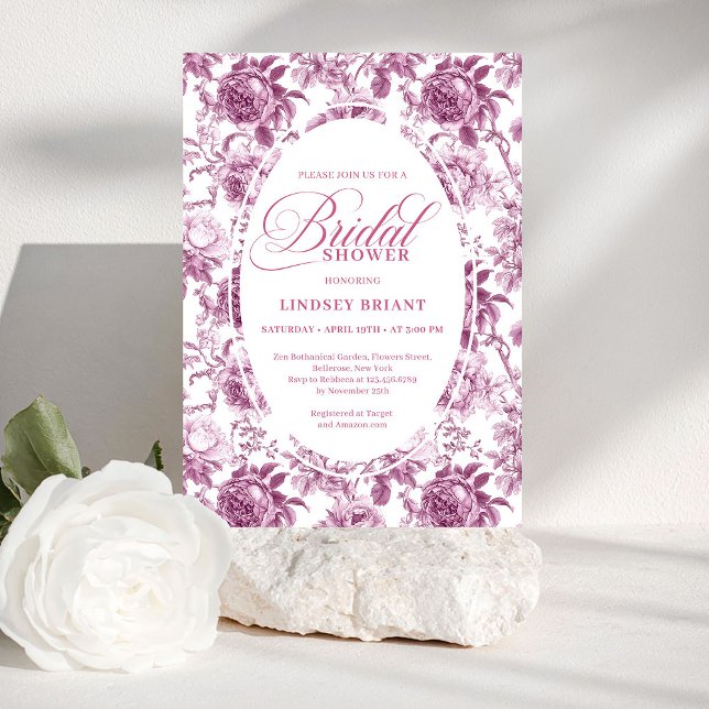 Convite Luxury Dark Fuchsia Roses Pattern Bridal Shower  (Luxury Dark Fuchsia Roses Pattern Bridal Shower Invite)