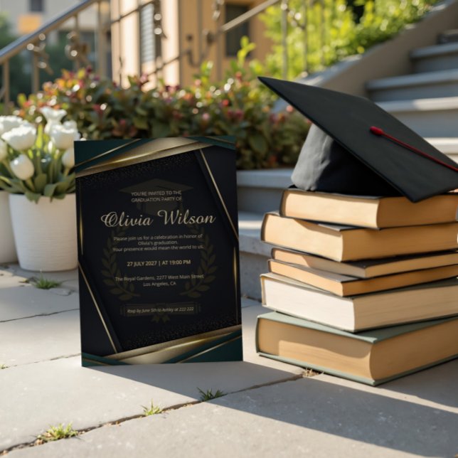 Convite Luxury Dark Green & Gold Graduation (Criador carregado)