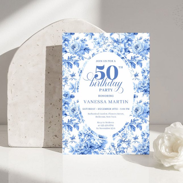 Convite Luxury Deep Blue Toile Roses 50th Birthday Invite (Luxury Deep Blue Toile Roses 50th Birthday Invitation)